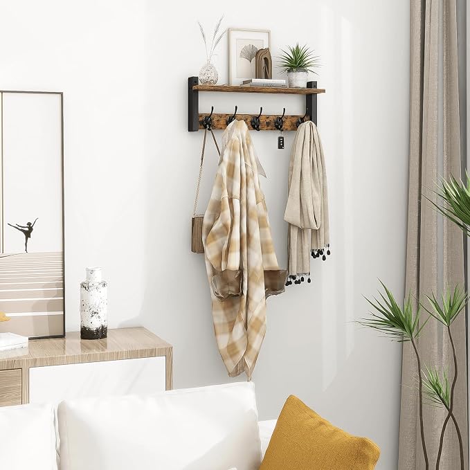 Wall Hooks with Shelf, Wood Coat Rack with Shelf Wall-Mounted, Entryway Hanging Shelves with 5 Metal Hooks for Clothes Hats Towel Purse Robes, Bathroom Mudroom Bedroom, Rustic Brown Black