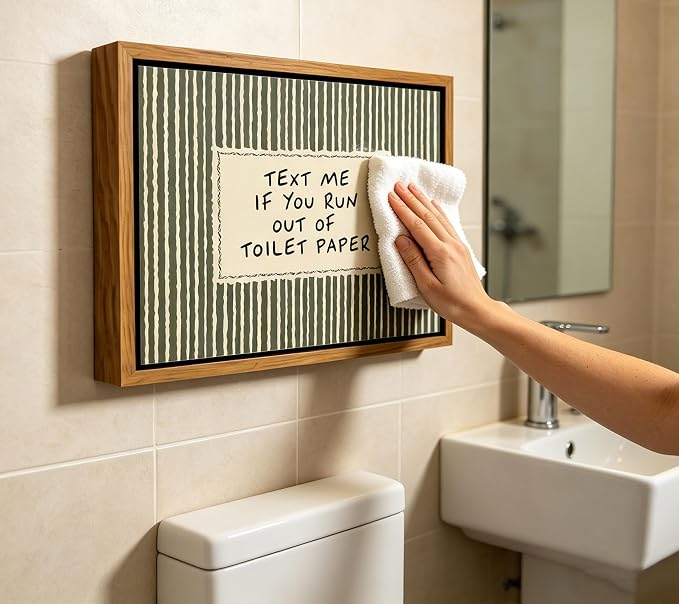 Floating Framed Funny Bathroom Quotes Canvas Wall Art, Text Me If You Run Out of Toilet Paper Poster Print Artwork, Vintage Stripe Bathroom Decor Picture, for Toilet, Restroom Home Decoration 12x16in