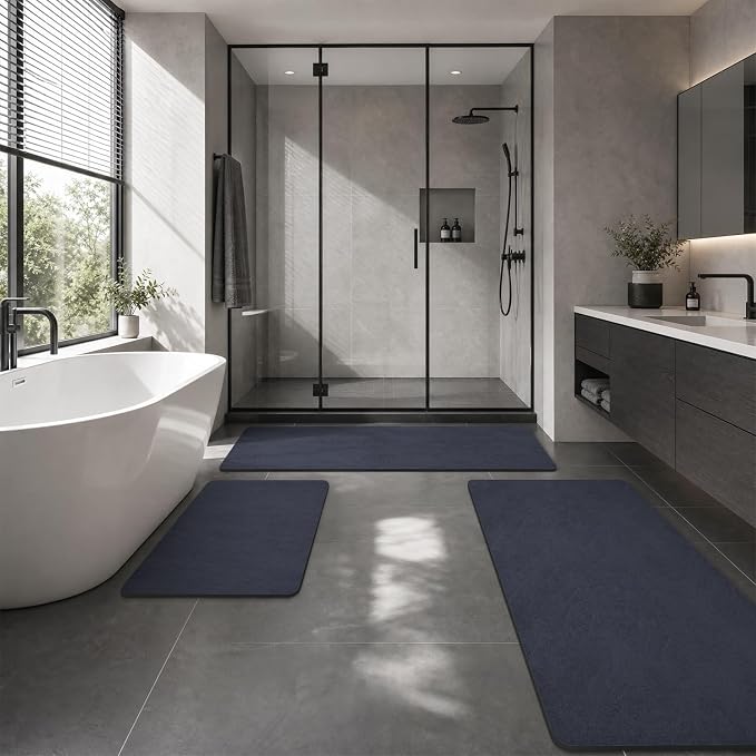 MontVoo -Bath Mat Rug-Rubber Backing Non Slip Quick Dry Absorbent Thin Bathroom Rugs Fit Under Door-Faux Suede Surface Bathroom Floor Mats-Shower Rug for in Front of Bathtub Shower Navy 24"X70"