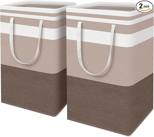 HomeHacks 2 Pack Large Laundry Baskets, Laundry Hampers Bags (Khaki 88Lx2) | Waterproof, Freestanding, Collapsible Clothes Hamper with Reinforced Handles in Laundry Room, College Dorm, Bathroom, Bedroom