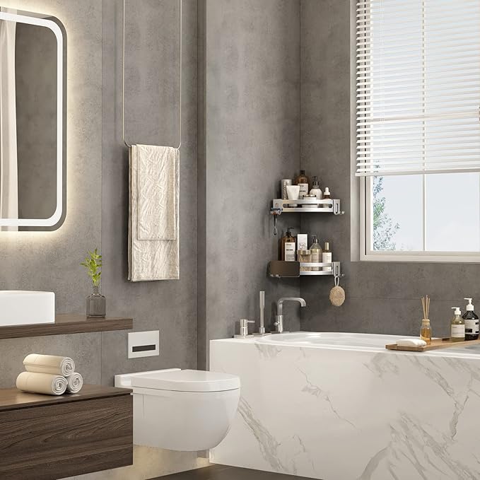 Corner Shower Caddy with Razor Holder Adhesive Shower Shelf Corner No Drilling Corner Shower Organizer Storage Rack Shampoo Holder Wall Mount (3-Pack, Silver)