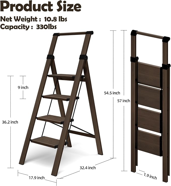 HillhutApex Aluminum 4 Step Ladder, Step Stool Foldable Ladder(Walnut) | Anti-Slip Pedals,330lbs Capacity,Lightweight Folding Ladders for Home,Office,Libaray