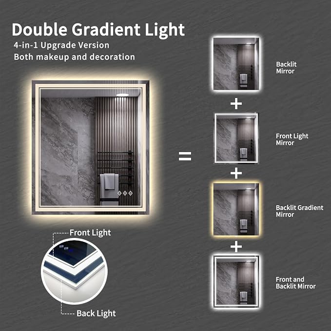 LED Bathroom Mirror, 28x32 Inch Gradient Front and Backlit LED Vanity Mirror, 3 Colors Dimmable CRI>90 Double Lights, IP54 Enhanced Anti-Fog, Hanging Plates Wall Mount Backlit Mirror