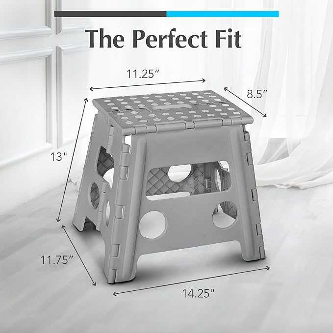 Handy Laundry Folding Step Stool 13 Inch, Grey, Non-Slip Holds 300 lbs | 13 Inch, Grey, Foldable Collapsible Step Stool, Non-Slip, Holds 300 lbs, Kitchen Bathroom Bedroom, Adults