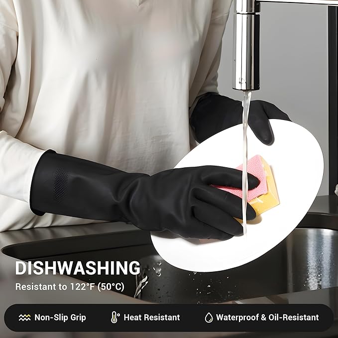 ThxToms Dishwashing Rubber Gloves, Reusable Latex, Large, Black, 3 Pairs | Cleaning Gloves for Housework Kitchen Bathroom, Durable Flexible & Anti-slip, Smooth Lining, Easy On & Off