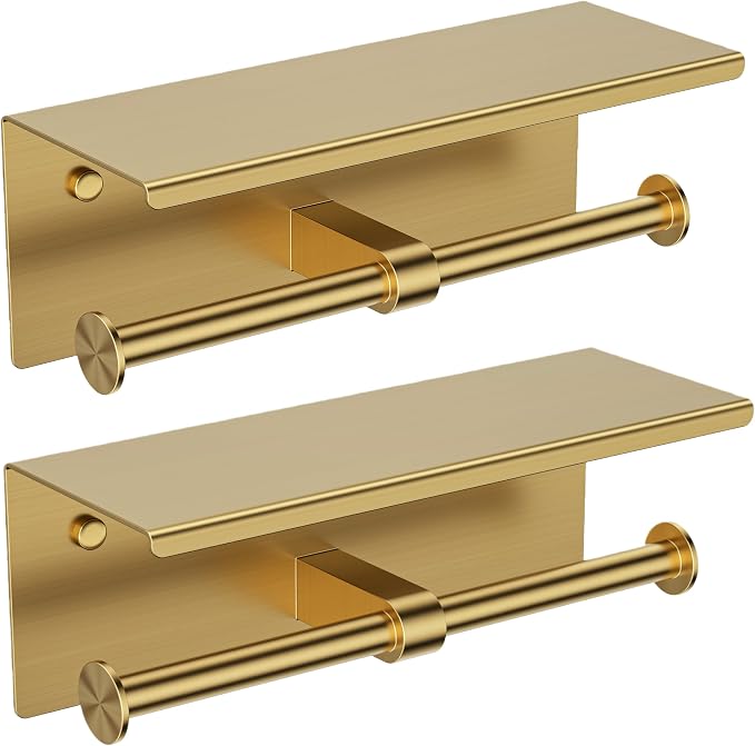 FORIOUS Toilet Paper Holder with Shelf, Commercial Toilet Paper Dispensers | Brushed Gold 2 Pack | Wall Mount Bathroom Tissue Holder | SUS304 Stainless Steel Rustproof | Double Tissue Roll Holder