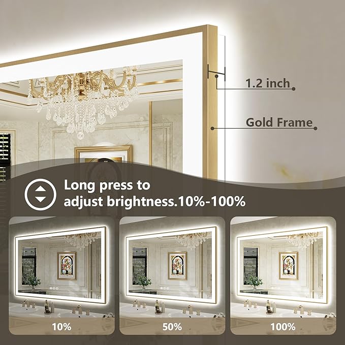 72x32 LED Bathroom Mirror with Lights, Gold Framed Lighted Mirror | Backlit and Front light, Anti-Fog, 3 Color Dimmable, Memory, Tempered Glass, IP54 Waterproof, UL Listed