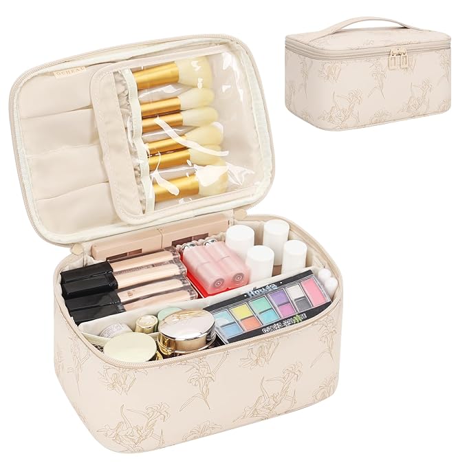 Makeup Bag for Women - Travel Cosmetic Organizer with Brush Slot & Divider, Large Capacity Toiletry Bag for Girls, Travel Makeup Case for everyday Make up Accessories -Beige floral