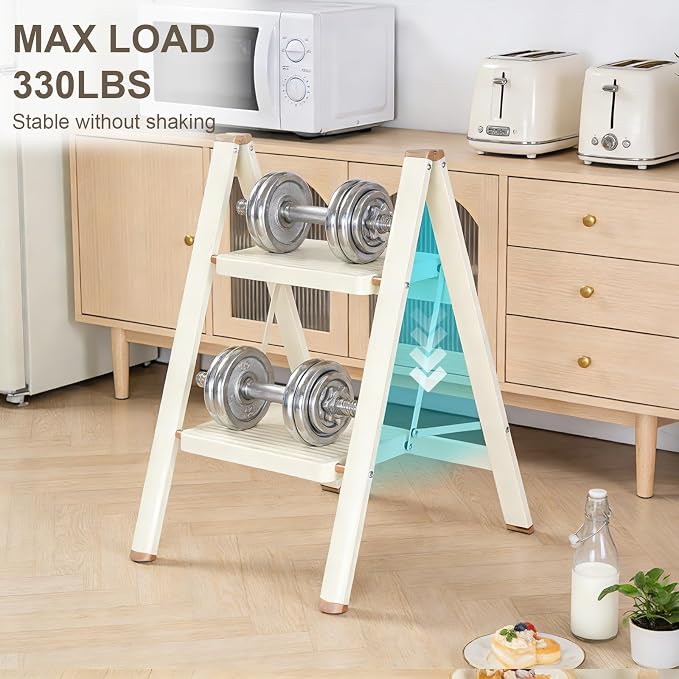 Valeo 2 Step Ladder,Lightweight Folding Step Stool with Wide Anti-Slip Pedal, 330LBS Capacity, Heavy Duty,Sturdy Iron Metal Step Stool for Home, Kitchen, Closet, Adults, Cream White