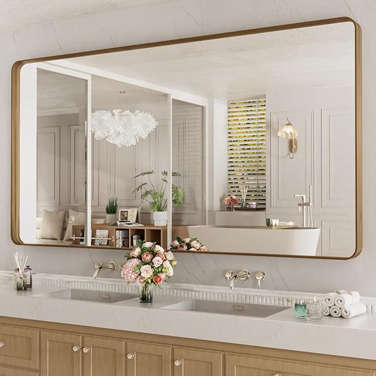 LOAAO 72X36 Inch Bathroom Mirror with Wood Grain Colored Metal Frame | Rounded Rectangle Metal Framed, Anti-Rust, Hangs Horizontally or Vertically, Tempered Glass