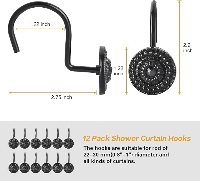 Black Shower Curtain Hooks, Rust Proof Decorative Shower Curtain Rings for Bathroom, Shower Curtain Hooks for Shower Liner, 12Pcs | Rustproof Zinc Alloy,4mm wire holds 50lb,5-layer anti-rust coating,Smooth Glide, Easy Install,For Bathroom,12Pcs