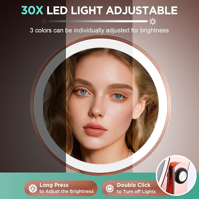 30X Makeup Mirror with Lights and Magnification-Rose Gold 8" Double Sided | Magnifying Mirror, 5000mAh Rechargeable, 360° Rotation, (Side Touch+Side Port), 3 Color Modes, Dimmable Light, for Vanity