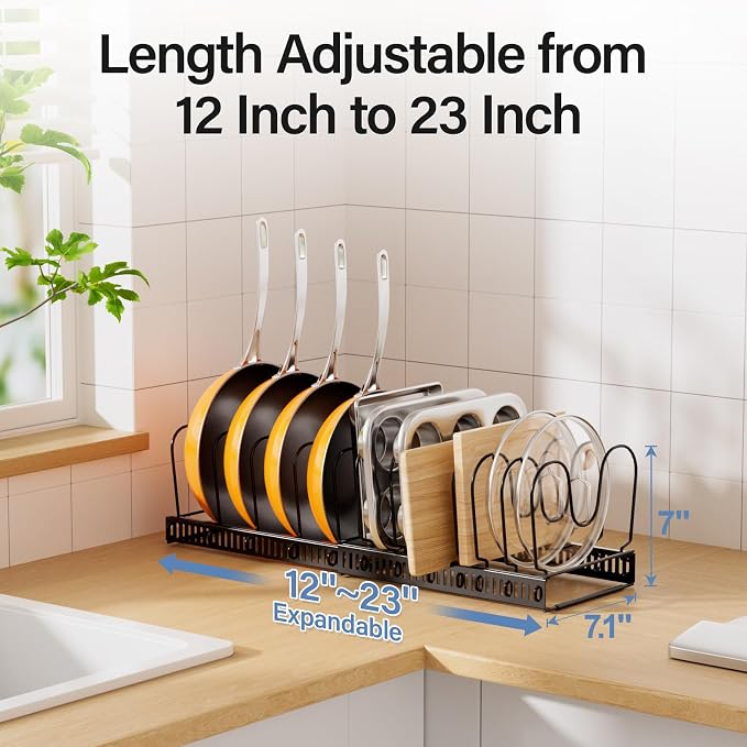 Expandable Pots and Pans Organizer under Cabinet with 12 Dividers | Extends 12"-23", Holds pot lids, pans & cookware, Sturdy steel rack with pot lid organizer, Space-saving for kitchen cabinets