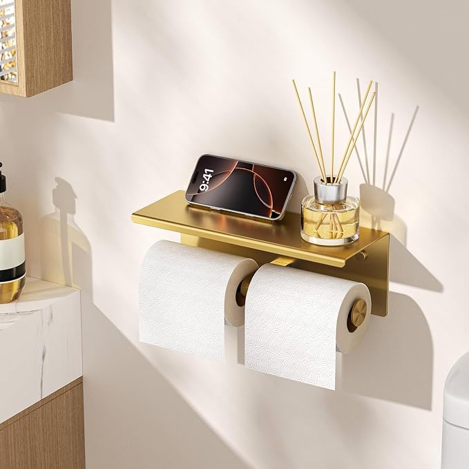 FORIOUS Toilet Paper Holder with Shelf, Commercial Toilet Paper Dispensers | Brushed Gold | Wall Mount Bathroom Tissue Holder | SUS304 Stainless Steel Rustproof | Double Tissue Roll Holder
