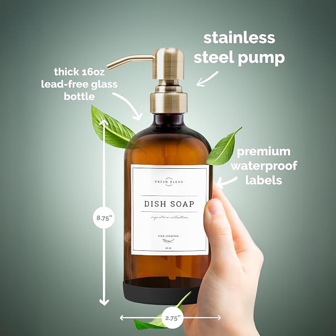 Vine Creations Amber Glass Soap Dispenser, 2 Pack Kitchen Soap Dispenser Set with Stainless Steel Pump, 16 oz Dish Soap and Hand Soap Dispensers for Bathroom with Waterproof Labels and Protective Pads