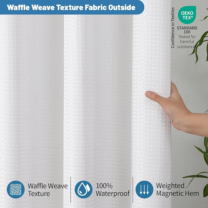 2-in-1 Waterproof Fabric Shower Curtain - No Separate Liner Needed, Hotel-Style Waffle Weave, Effortless Cleaning & Washable Bathroom Shower Curtain Set,60Wx84H,White