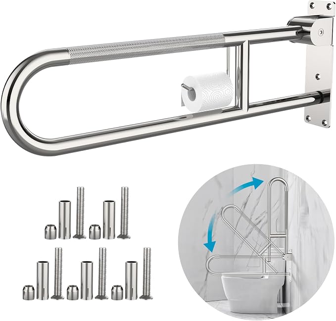 Folding Toilet Grab Bar 32 Inch Chrome, Munzong Anti-Slip Handicap Grab Bar | Flip-Up Bathroom Safety Rails Stainless Steel Knurled Support handrails for Seniors Elderly Disabled Pregnant