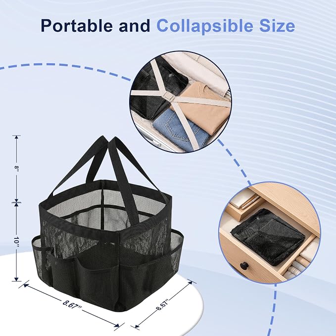 Mesh Shower Caddy Portable, Quick Dry Hanging Shower Tote Bag | Large Capacity with 8 Outer Pockets, Reinforced Dual Handles, College Dorm Room Essentials, Beach, Swimming, Gym, Travel
