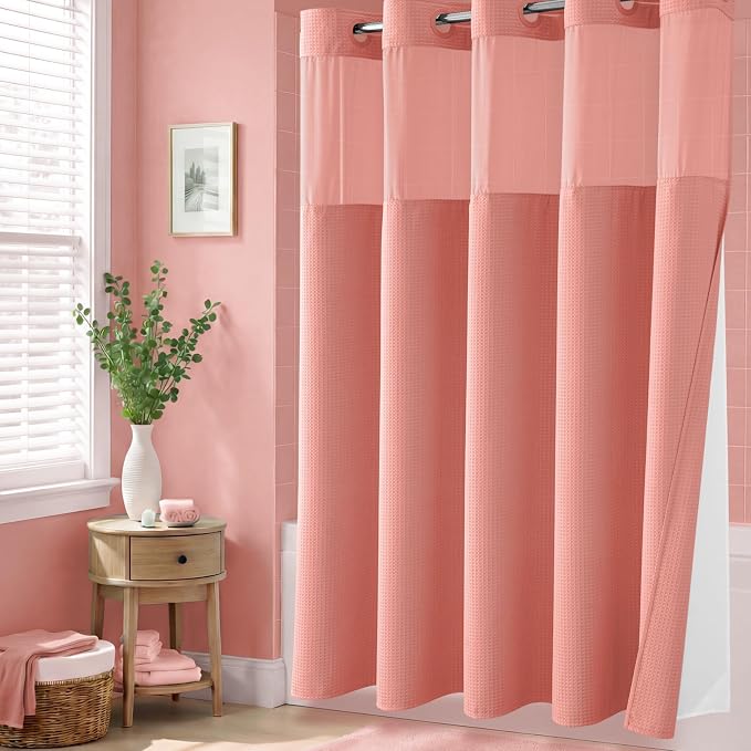 Coral Hook Free Waffle Shower Curtain & Snap-in Fabric Liner,72x75 | Less Time to install, 3 in 1 Fabric Shower Curtain and Liner Set with Magnets, Mesh Top Window, Shower Curtains for Bathroom