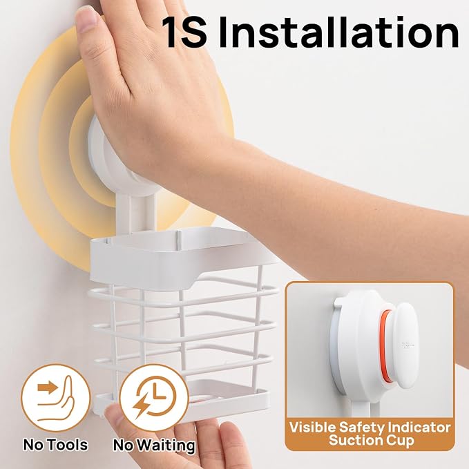 Upgraded Suction Cup Toothbrush Holder with Visible Safety Indicator, White | Heavy Duty Stainless Steel Shower Electric Tooth Brush and Toothpaste Organizers, Removable, No Drilling, Anti-Puddling
