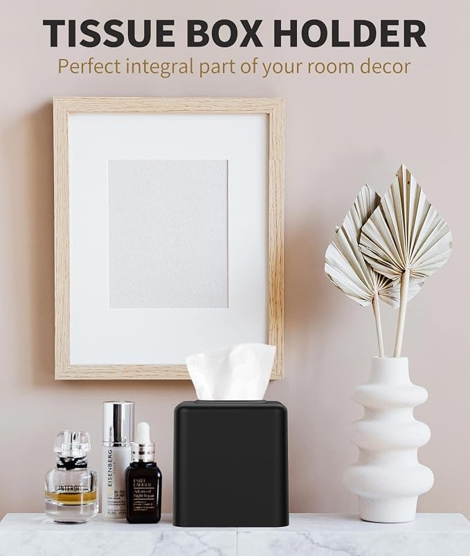 Livelab Tissue Box Cover, Square Metal Tissue Box Holder Modern Decor Facial Napkin Holder Tissue Box Dispenser for Bathroom Vanity Countertop, Living Room, Bedroom, Office - Black