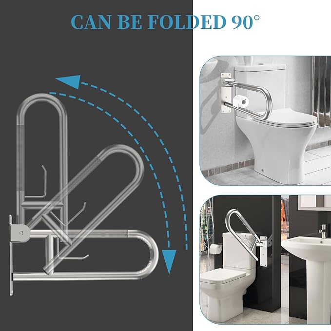 24 Inch Toilet Grab Bar, Munzong Flip-Up Handicap Bars with Paper Holder | Brushed Nickel Anti-Slip Bathroom Toilet Safety Rails Stainless Steel Knurled Support handrails for Seniors Elderly