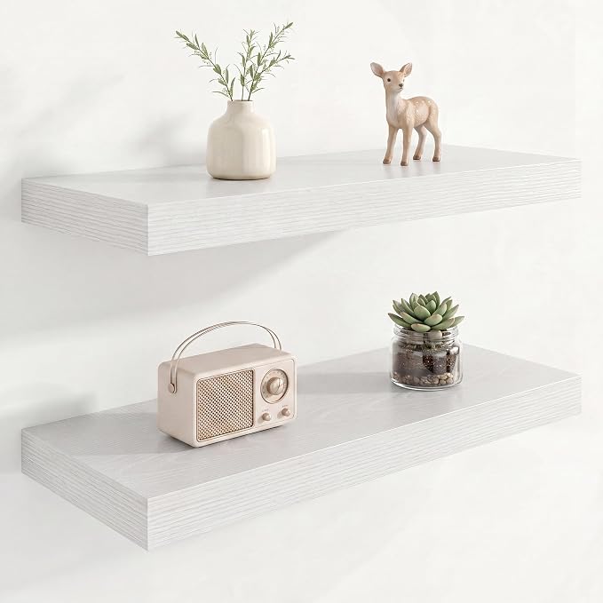 Marsmiles 9.25in Depth 24in Floating Shelves, 24x9.25x1.4, White, Set of 2 | Wall Mounted Engineered Wood Shelves, Invisible Brackets for Living Room, Bedroom, Bathroom, Kitchen Decor and Storage