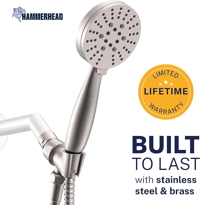 HammerHead Showers Solid Metal 3-Spray Handheld Shower Head with Long Hose and Holder, High Pressure, Wide/Massage/Mist Sprays, Brushed Nickel, 1.75 GPM