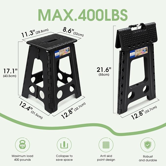 ACKO 17.5" Folding Step Stool, 400 lb Capacity with Safety Lock, Dot Black | Portable Foldable Stools with Handle, Heavy Duty Collapsible Non-Slip Foot Stool for Adults & Kids, Kitchen Bathroom Outdoor