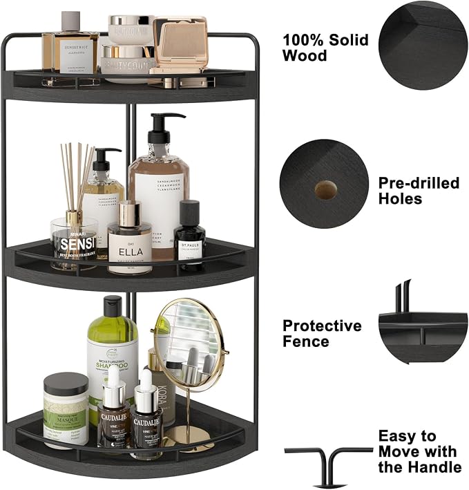 Fixwal 3 Tier Corner Bathroom Countertop Organizer Vanity Wood Shelf Black | Corner Organizer, Rustic Wood Finish, Countertop Storage for Bathroom Essentials, No Install, Compact, Space Saving
