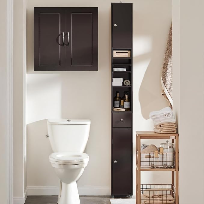Wall Mount Bathroom & Laundry Storage Cabinet, Wall Size, Brown | Wall-Mounted Storage Cabinet With Door & Adjustable Shelf, Space-Saving MDF Bathroom Organizer, HUS-FRG231