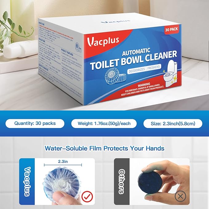 Vacplus Toilet Bowl Cleaner Tablets, 30 Pack, Auto Cleaning, Long-Lasting | Bathroom Tank, Prevent Stains, Deodorizing, Easy Use, Septic Safe