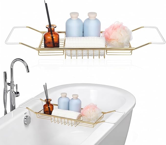 Cabilock Luxury Stainless Steel Bathtub Caddy Tray - 24.8in Expandable Modern Bath Rack for Tub with Wine Glass & Book Holder - Rustproof Shower Organizer & Tablet Stand for Home Spa, Gold