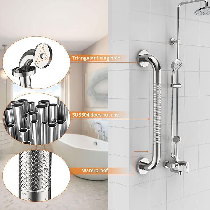Anti Slip Shower Grab Bar 20 Inch,Chrome Stainless Steel Bath Grab Bar | 2 Packs Knurled Bathroom Safety Rail, Shower Handrail Support, Handicap Elderly Balance Assist Handles-1.25" Diameter