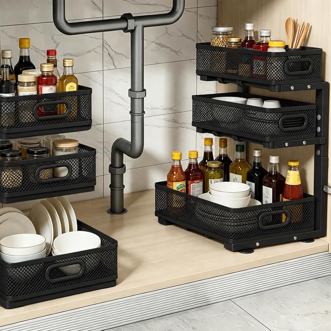 1 Pack 3 Tier Under Sink Organizer, Height Adjustable Heavy Duty Metal Under Cabinet Drawer Pull Out Shelf with Smooth Silent Sliding Design, Organizer and Storag Rack for Kitchen, Bathroom, Black