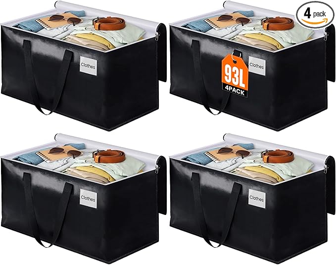 Heavy Duty Moving Bags, Extra Large Storage Bags, 93L, 4-Pack, Black | Foldable, with Zippers, Tag Pocket & Handles, Reusable, Space-saving, Water-Resistant, for moving & storage, Versatile Use