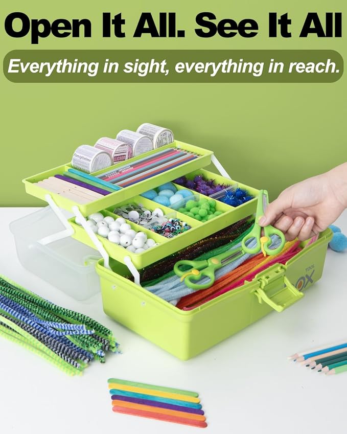 TERGOO 12in 3-Layer Plastic Craft Organizers and Storage, Portable Folding Tackle Box with Handle & Adjustable Dividers, Multipurpose Case for Sewing, Art Supplies, Medicine, Tools (Green)
