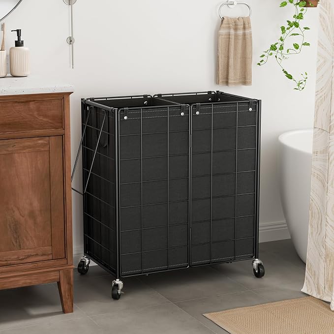 WOWLIVE Double Laundry Hamper with Wheels, Metal Rolling Laundry Basket | Wire Frame Hamper with 2 Removable Bags, 120L Dirty Clothes Hamper Organizer Dorm Room Storage for Bedroom, Black