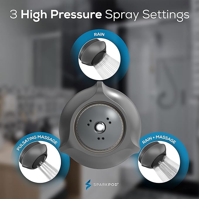SparkPod High Pressure Shower Head, 3 Inch Fixed Showerhead, Charcoal Grey | Rain, Pulsating & Combo Modes, Helps Boosts Low Water Pressure, Anti-Clog Nozzles, Easy Install