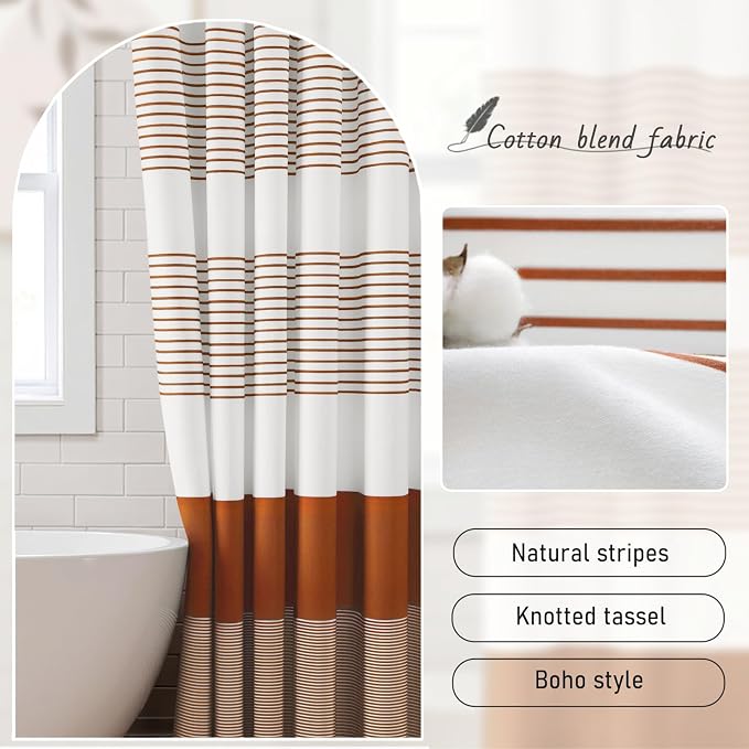 Boho Orange Fall Cotton Striped Shower Curtain with Tassel 72"W X 72"L | Boho Farmhouse Shower Curtains for Bathroom with Soft Cotton Feel