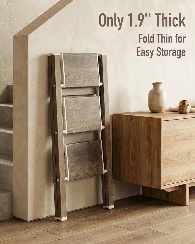 Mayi Plus 3 Step Stool Foldable, Aluminum, Lightweight Step Ladder | Extra-wide anti-slip folding steps with 330 lbs, for home,kitchen,office,outdoor,Cherry woodgrain