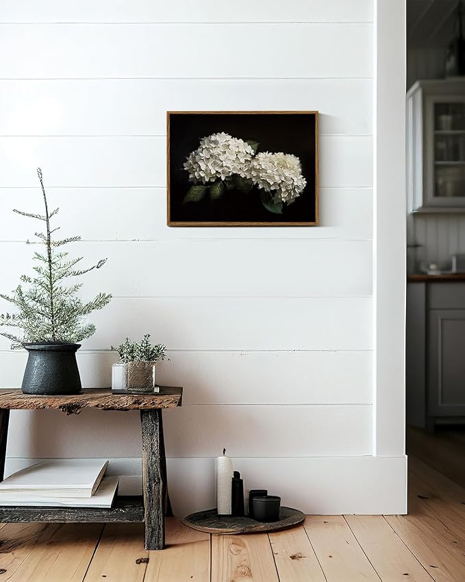 InSimSea Framed Canvas Prints Art Vintage Decor, Flower Moody Hydrangea Still Life Painting Room Decor Aesthetic, Farmhouse Art, Botanical Floral Wall Pictures for Bedroom Kitchen Shelf, 12x16inch