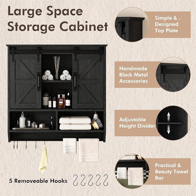 RUSTOWN Farmhouse Bathroom Wall Storage Cabinet with Sliding Barn Doors | 3-Tier, Rustic Wood Wall Mounted Cabinets, Vintage Medicine Cabinet, Adjustable Shelves, Over The Toilet Storage Cabinet