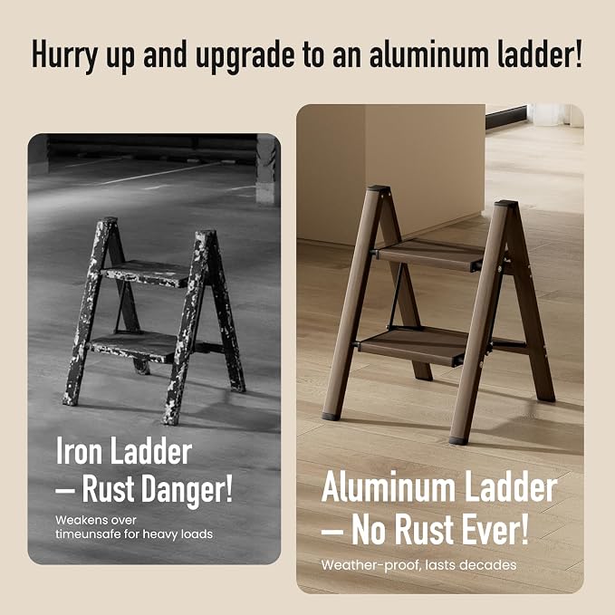 Mayi Plus 2 Step Stool Foldable, Aluminum, Lightweight Step Ladder | Extra-wide anti-slip folding steps with 330 lbs, for home,kitchen,office,outdoor,Walnut