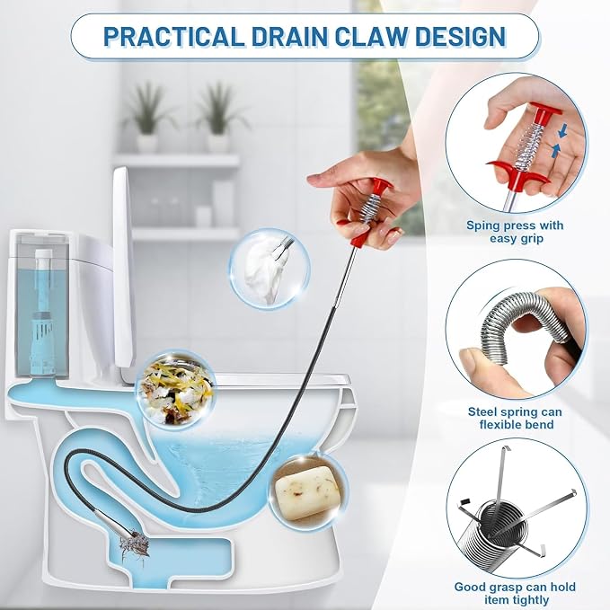 80-Inch Flexible Drain Snake with 4-Claw Grabber for Sink & Shower Clogs | Extended Reach • Flexible Coated Shaft • Secure 4-Claw Grip • Pulls Hair, Food Waste And Debris From Curved Pipes