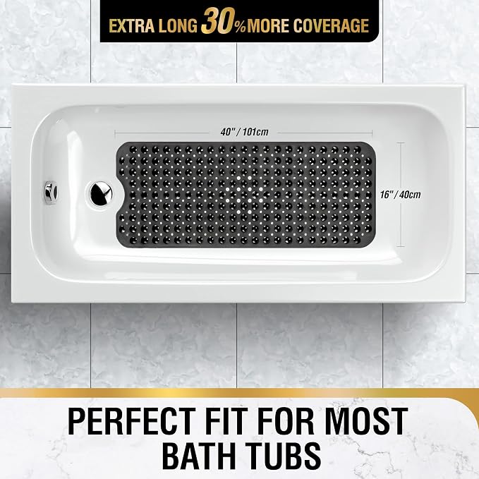 HITSLAM Bath Mat for Tub, Non Slip Bathtub Mat, 40 x 16 Inch Extra Long Bath Tub Mat, Machine Washable Bathroom Shower Mat with Suction Cups and Drain Holes, Soft on Feet, Clear Black