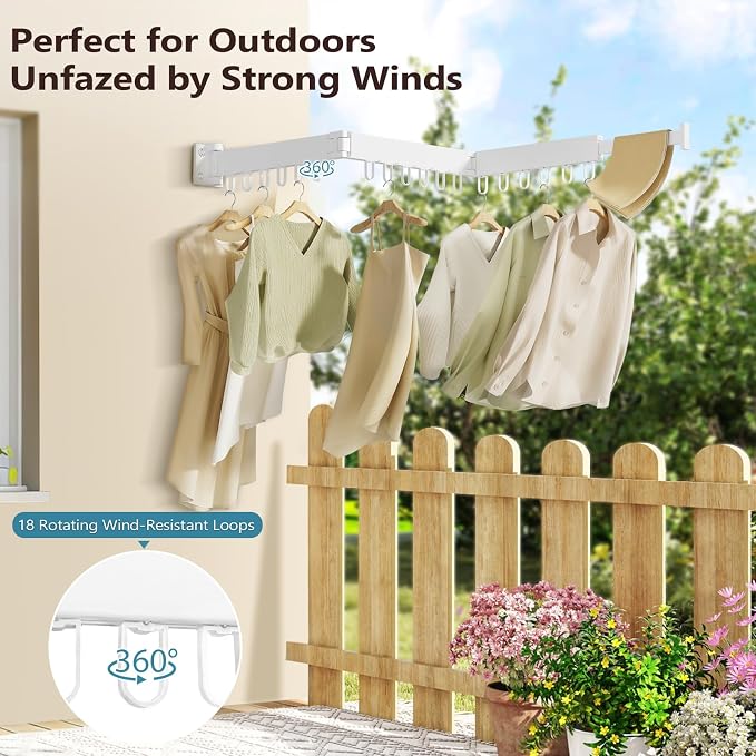 Clothes Drying Rack Wall Mounted, Space-Saving Drying Rack Clothing, Collapsible Foldable Retractable Laundry Rack with 18 Hooks, Indoor/Outdoor, White