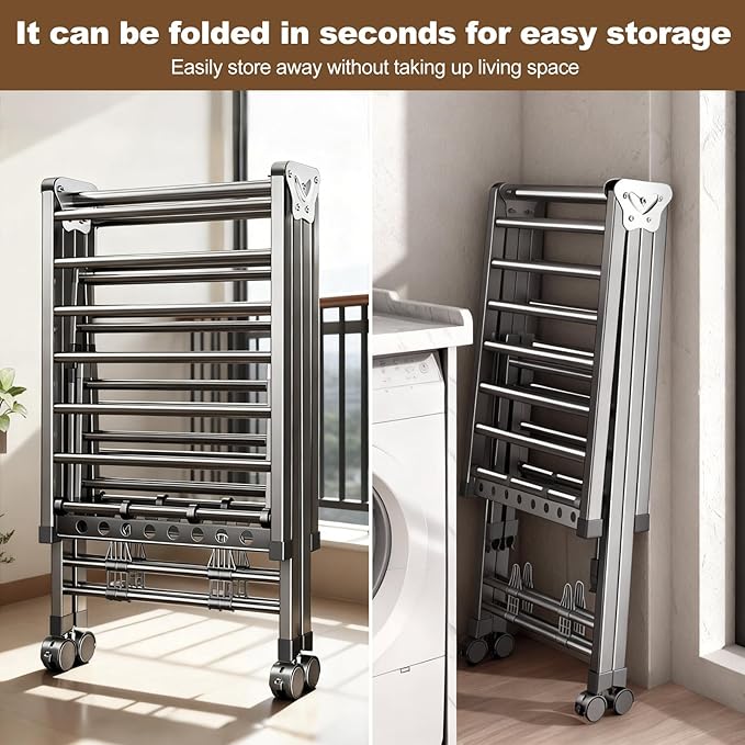 Heavy Duty 3-Tier Clothes Drying Rack with Wheels, Large 5.9ft | Shoe Rack, Foldable Metal Laundry Stand, Portable Collapsible, Clothing Hanger, Indoor Outdoor Use in Laundry Room