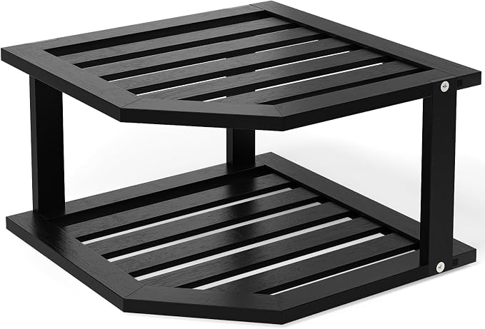VERTORGAN 2 Tier Bamboo Plate Organizer,Corner Shelf for Kitchen(Black) | Pantry Storage,Dish Rack,Spice Rack,Corner Organizer,Kitchen Counter Shelves,Kitchen Storage,Holds Plates