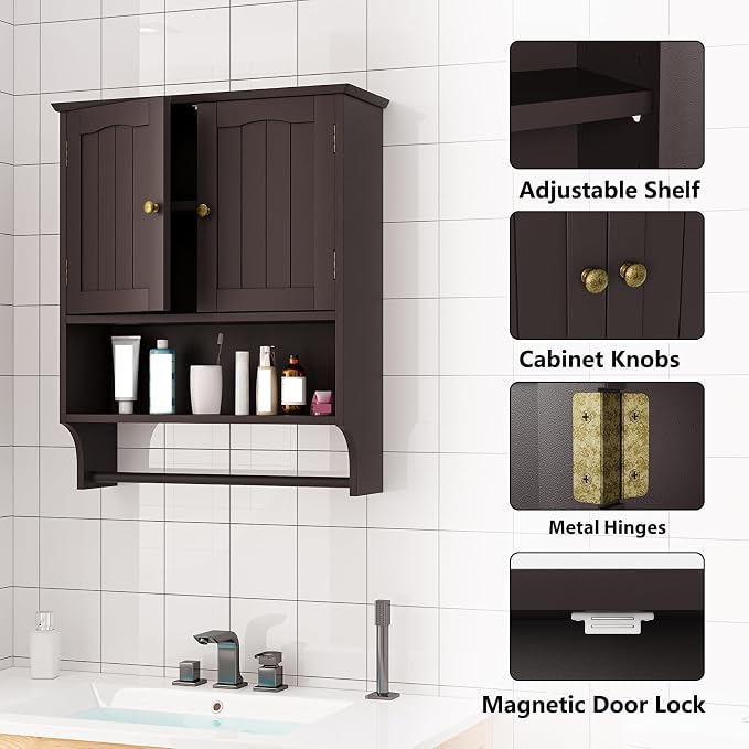 Bathroom Cabinet, Bathroom Wall Cabinet with 2 Doors and Adjustable Shelf, Wooden Medicine Cabinets Wall Mount, Over the Toilet Storage